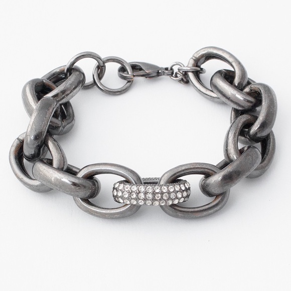 Lydell NYC Oxidized Silver Tone Link Bracelet Pavé Rhinestone Chunky Cable Chain - Picture 1 of 5